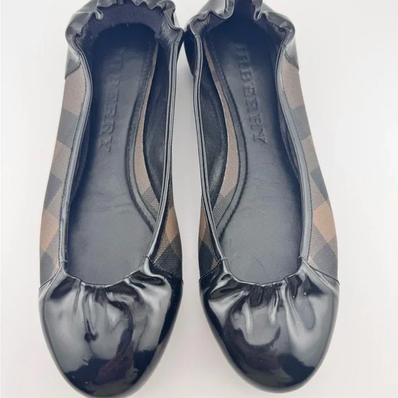 Burberry Nova Check Patent Leather Women's Black & Brown Checkered Ballet Flats - Picture 2 of 8